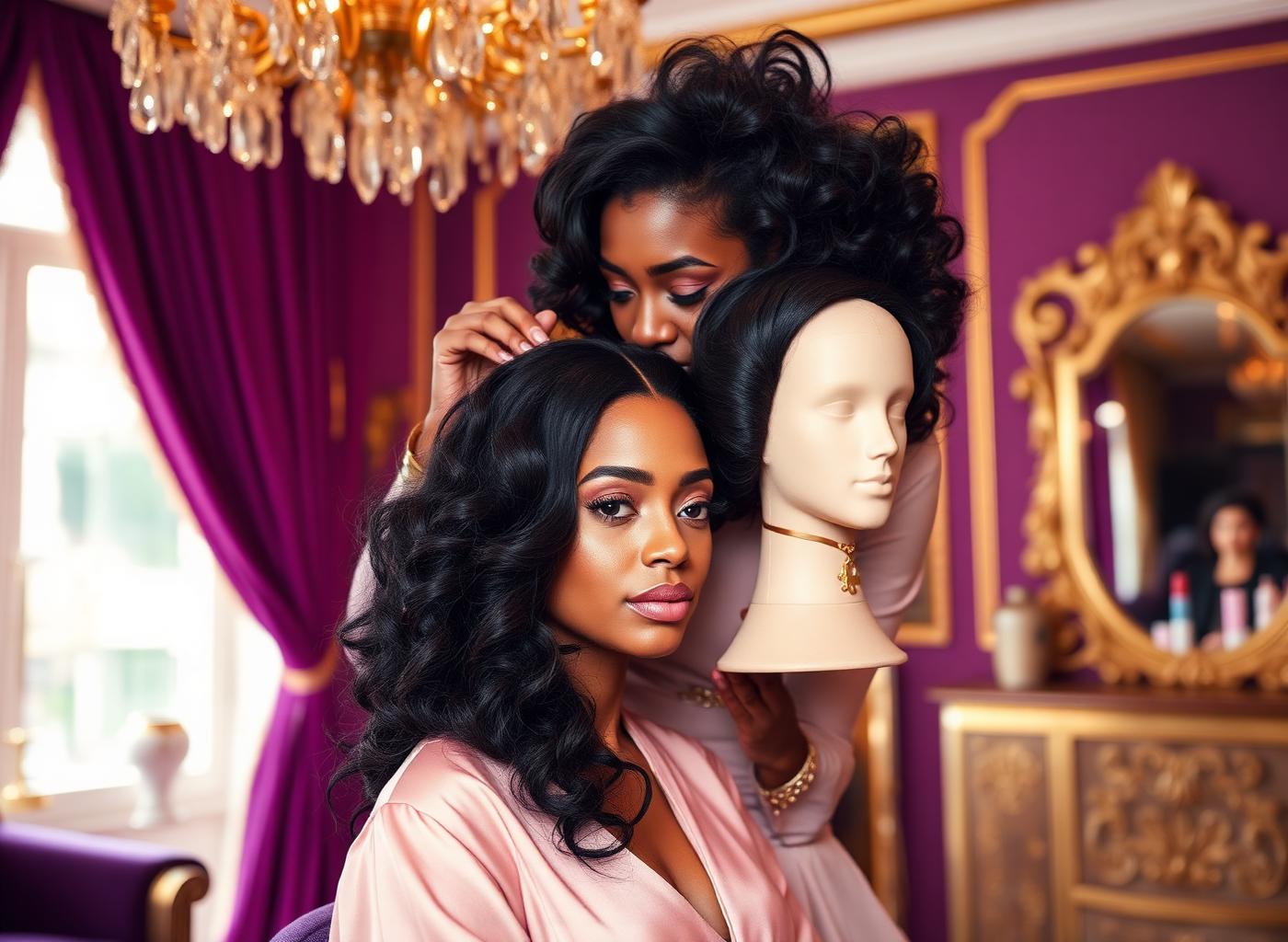 Hair Dynasty stylist finishing a Brazilian hair wig in studio