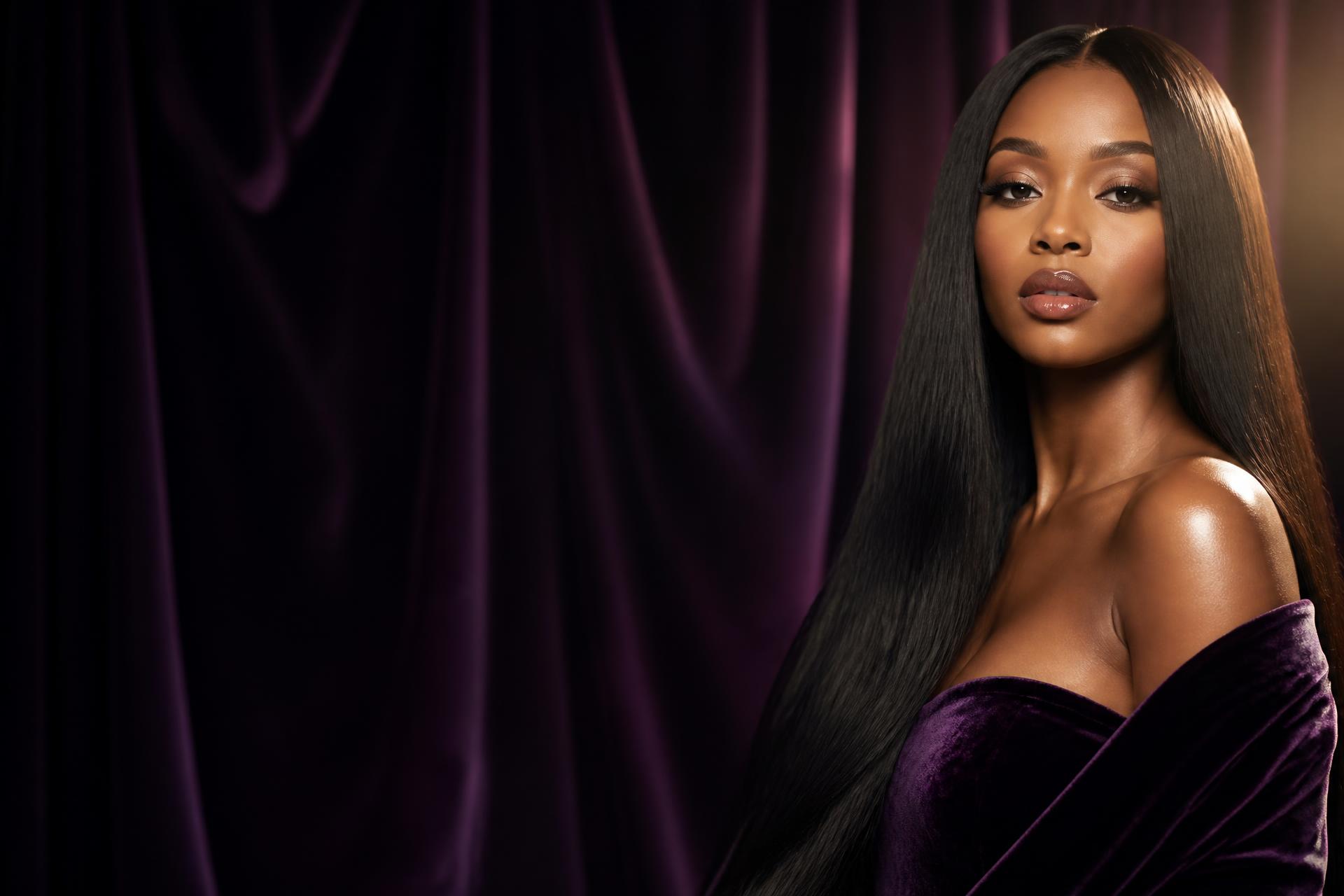 Model wearing a long straight Brazilian human hair wig by Hair Dynasty